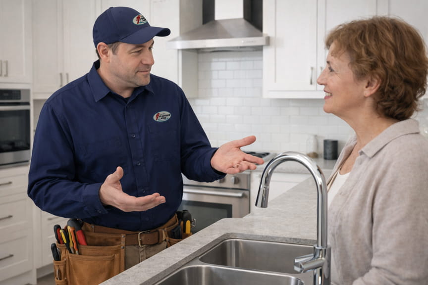 Owner Mike explaining plumbing issue to homeowner at kitchen sink Brentwood CA